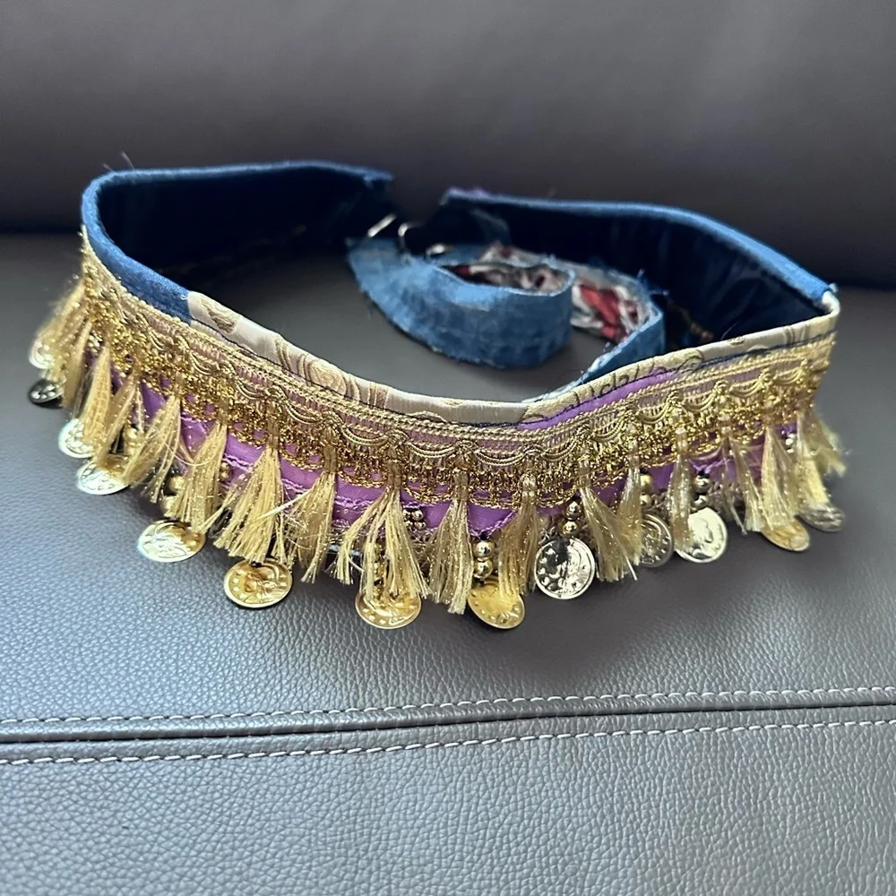 Artisan Denim Belt Tribal goddess belly dancer, shimmy gold coin fringe signed